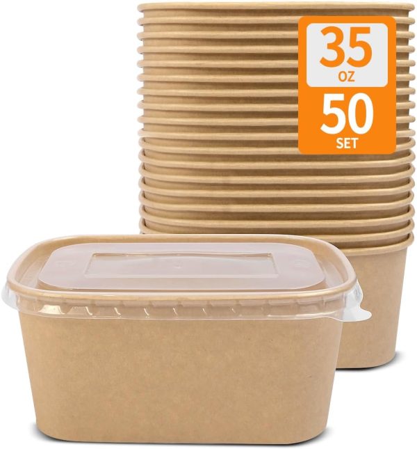 50 Pack 35oz Soak Proof Paper Food Containers with Lids
