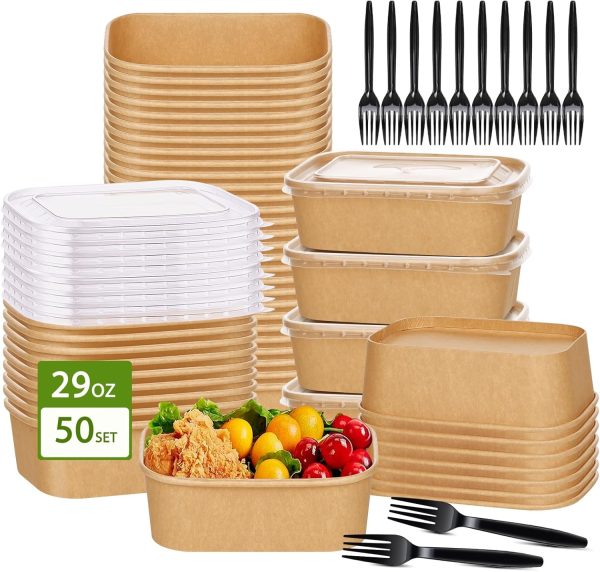 50 Pack 29oz Paper Bowls with Lids & Forks, Microwave Safe