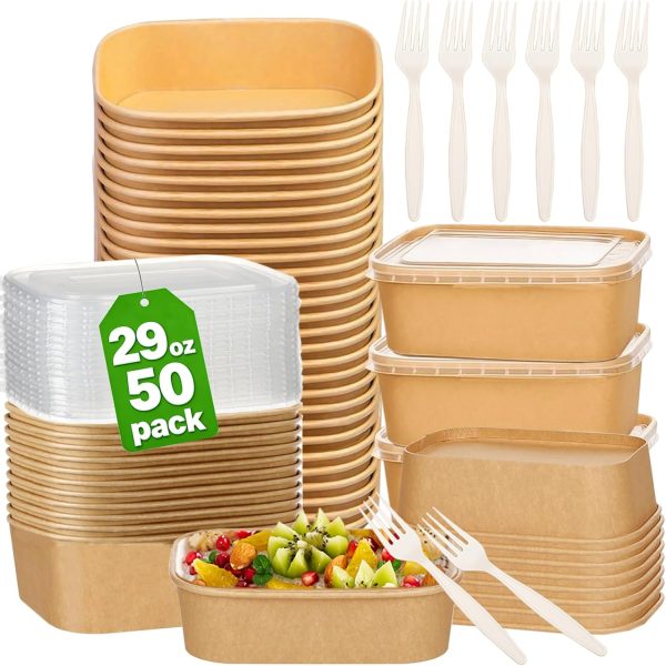 50 Pack 29oz Paper Bowls with Lids and Forks, Microwave Safe