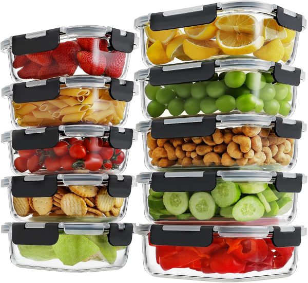 10 Pack Borosilicate Glass Containers, 36oz & 14oz, Locking Lids, Oven Safe