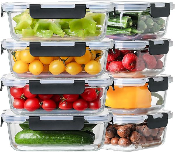 8 Pack 36oz Glass Food Containers with Locking Lids, Leakproof