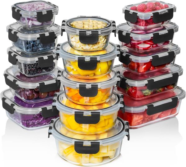 30 Piece Glass Storage Containers with Snap Lids, Leakproof, Oven Safe