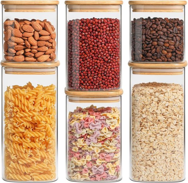 6 Piece Square Glass Pantry Jars with Bamboo Lids, Silicone Seal